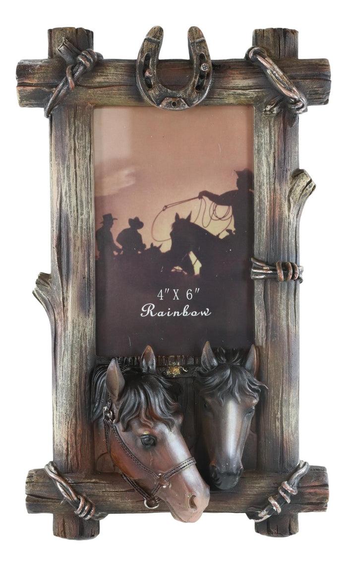 Ebros Gift Country Rustic 2 Brown Horses Lucky Horseshoes Faux Barnwood Picture Frame 4"X6"
