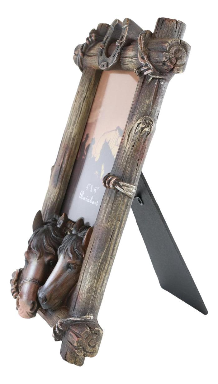 Ebros Gift Country Rustic 2 Brown Horses Lucky Horseshoes Faux Barnwood Picture Frame 4"X6"