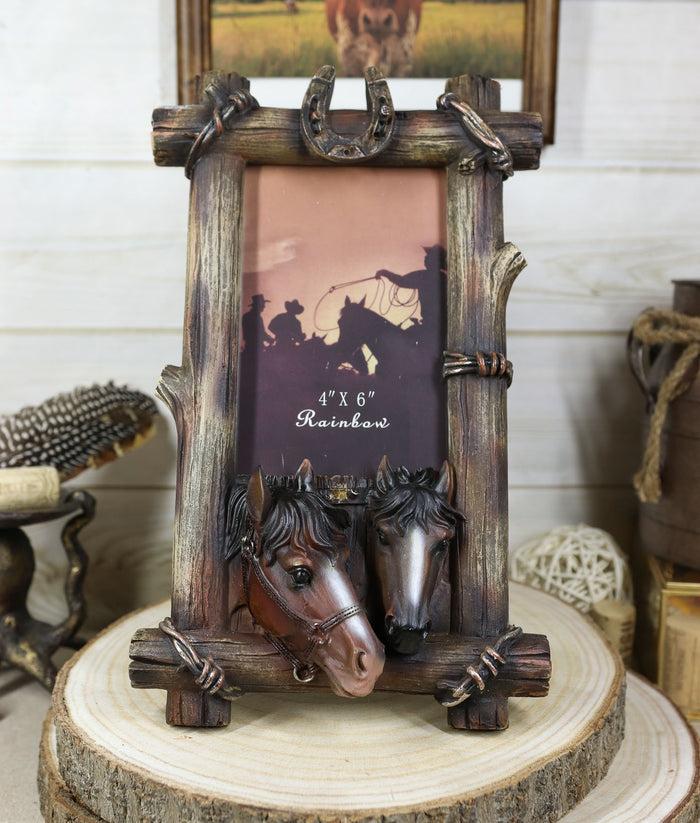 ebros gift Country Rustic 2 Brown Horses Lucky Horseshoes Faux Barnwood Picture Frame 4"X6"