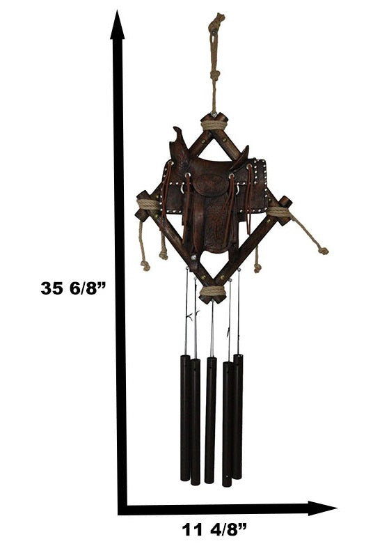 Ebros Gift Country Rustic Cowboy Horse Saddle Faux Tooled Leather Decorative Wind Chime
