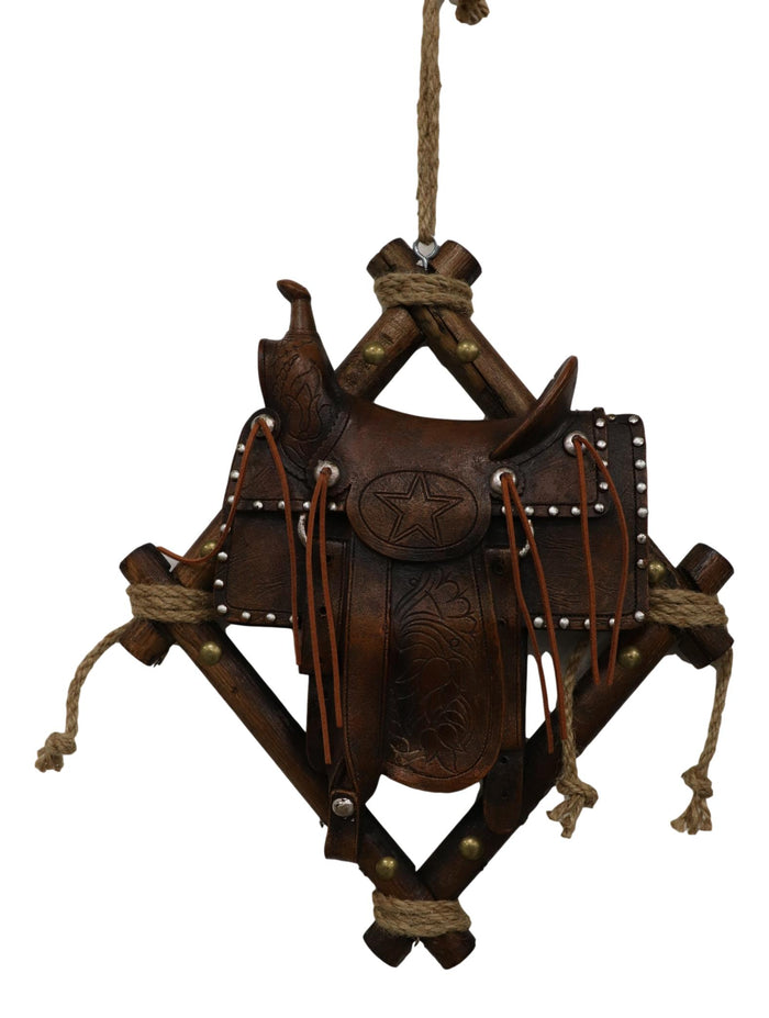 Ebros Gift Country Rustic Cowboy Horse Saddle Faux Tooled Leather Decorative Wind Chime