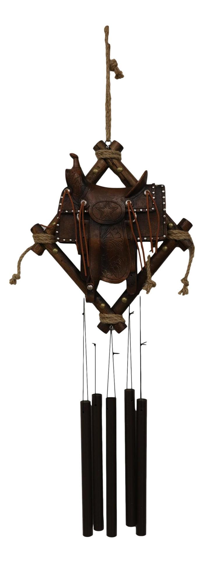 Ebros Gift Country Rustic Cowboy Horse Saddle Faux Tooled Leather Decorative Wind Chime