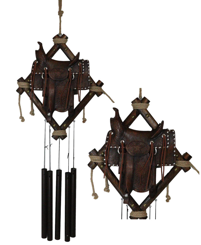 ebros gift Country Rustic Cowboy Horse Saddle Faux Tooled Leather Decorative Wind Chime