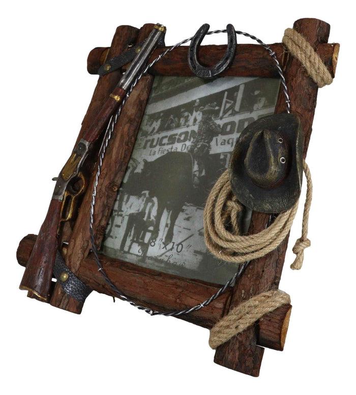 Ebros Gift Country Rustic Cowboy Shotgun Ropes Hat Horseshoe Barnwood Picture Frame 8x10