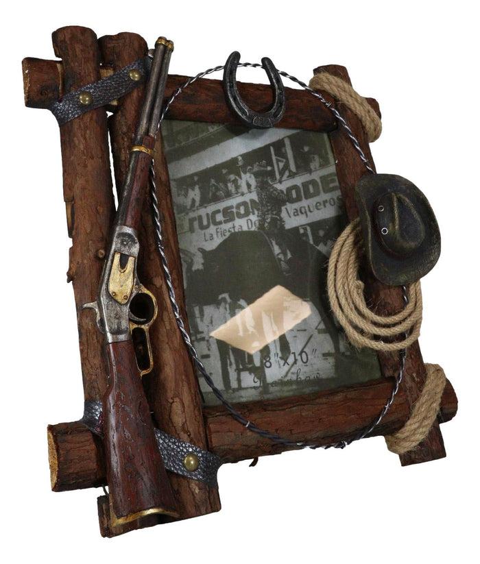 Ebros Gift Country Rustic Cowboy Shotgun Ropes Hat Horseshoe Barnwood Picture Frame 8x10