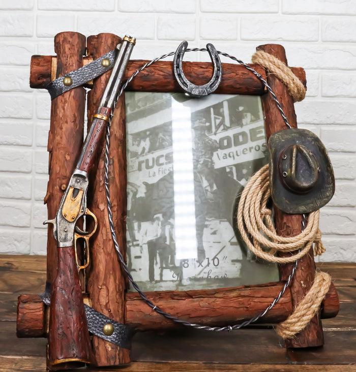 ebros gift Country Rustic Cowboy Shotgun Ropes Hat Horseshoe Barnwood Picture Frame 8x10