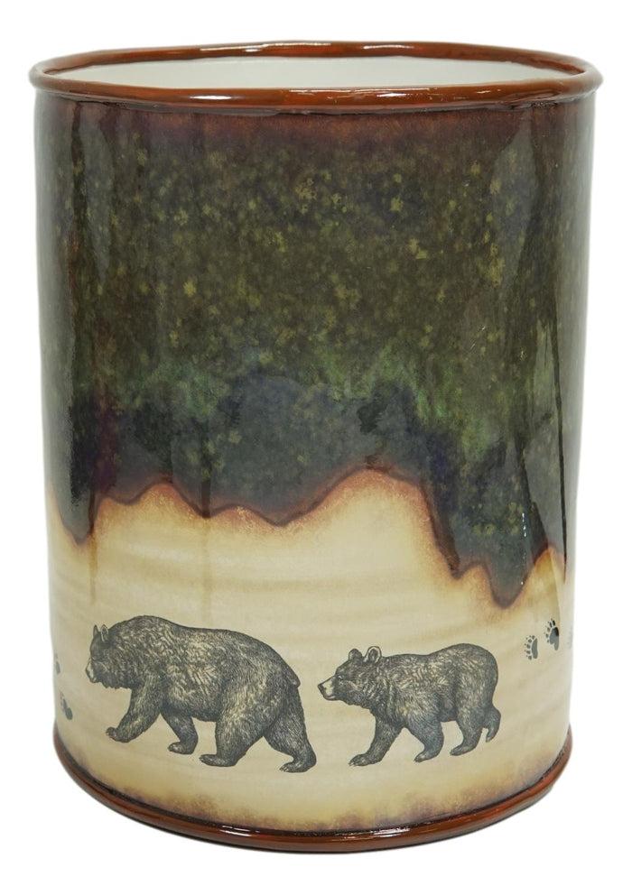 Ebros Gift Country Rustic Forest Mama Bear And Cub Family Pawprint Trail Waste Basket Bin