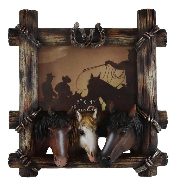 Ebros Gift Country Rustic Triple Horses Lucky Horseshoes Faux Barnwood Picture Frame 4"X6"