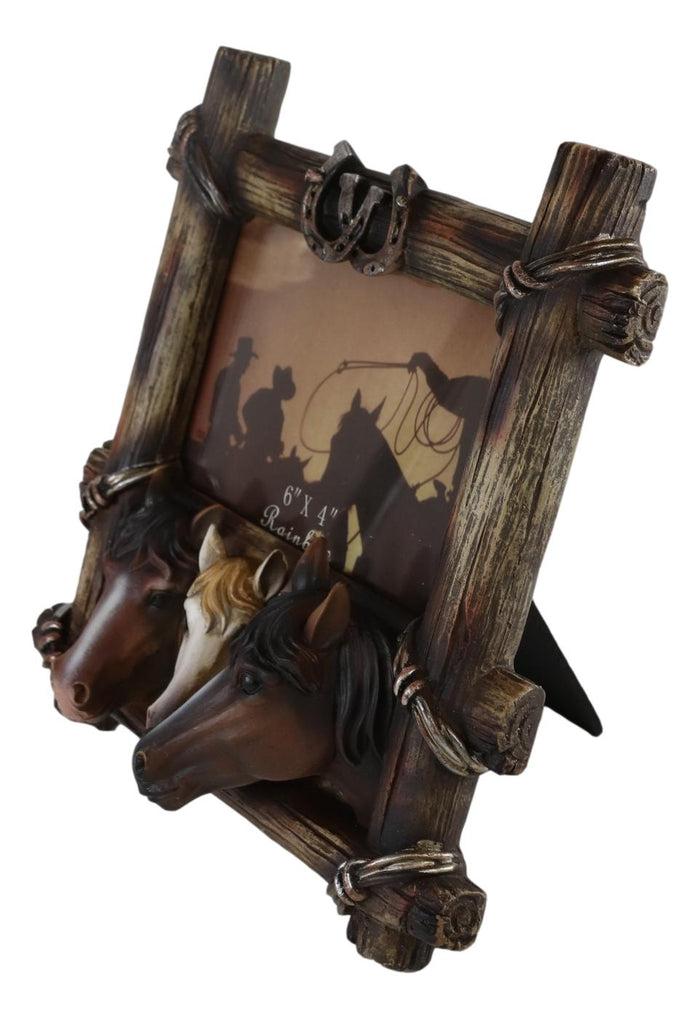 Ebros Gift Country Rustic Triple Horses Lucky Horseshoes Faux Barnwood Picture Frame 4"X6"