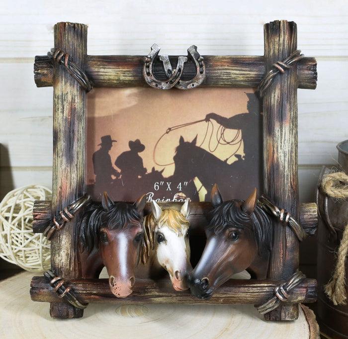 ebros gift Country Rustic Triple Horses Lucky Horseshoes Faux Barnwood Picture Frame 4"X6"