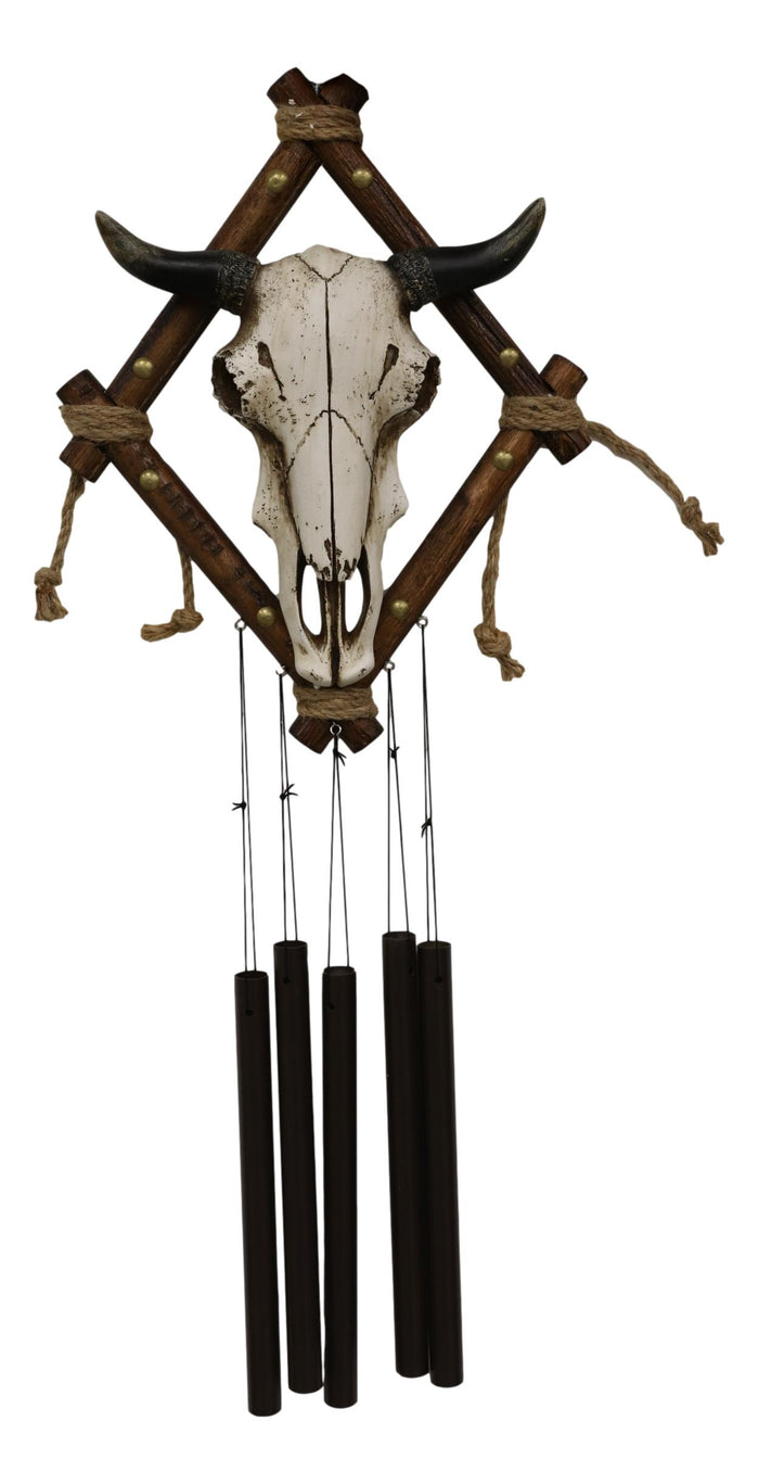 Ebros Gift Country Rustic Western Bison Bull Skull On Branchwood Decorative Wind Chime