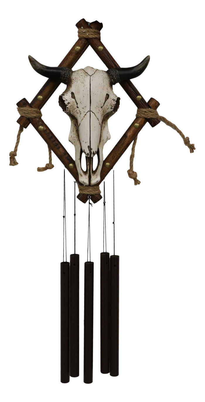 Ebros Gift Country Rustic Western Bison Bull Skull On Branchwood Decorative Wind Chime