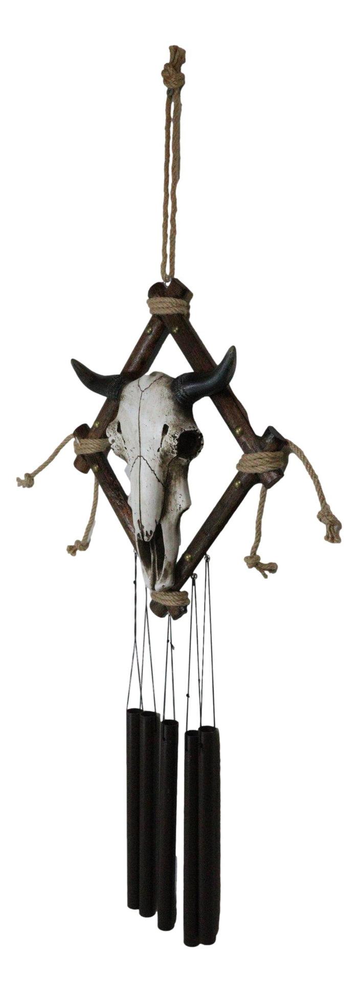 Ebros Gift Country Rustic Western Bison Bull Skull On Branchwood Decorative Wind Chime
