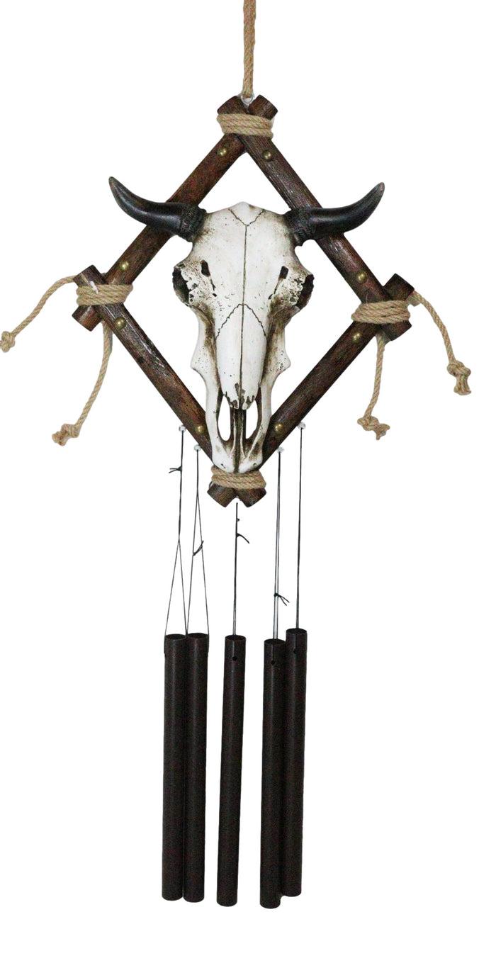 ebros gift Country Rustic Western Bison Bull Skull On Branchwood Decorative Wind Chime