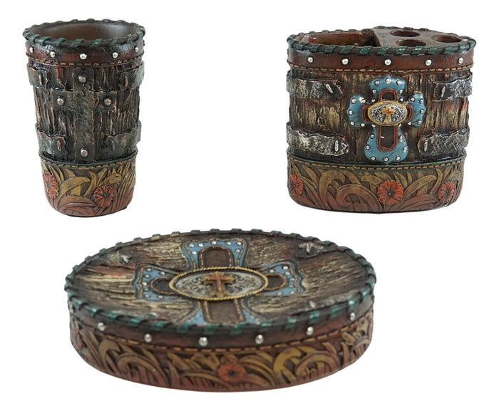 Ebros Gift Country Rustic Western Blue Cross W/ Concho Soap Dish Toothbrush Holder Cup Set