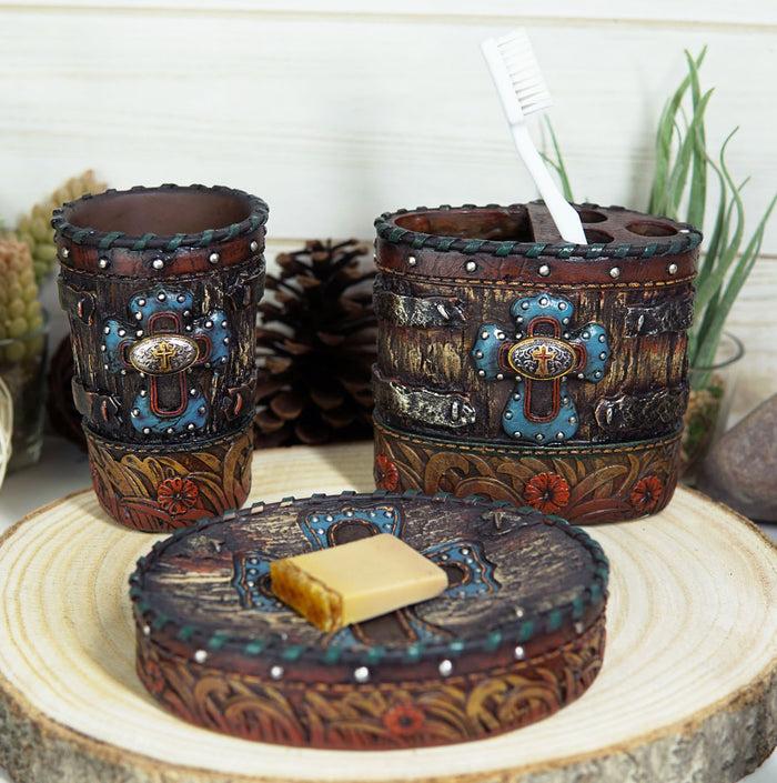 ebros gift Country Rustic Western Blue Cross W/ Concho Soap Dish Toothbrush Holder Cup Set