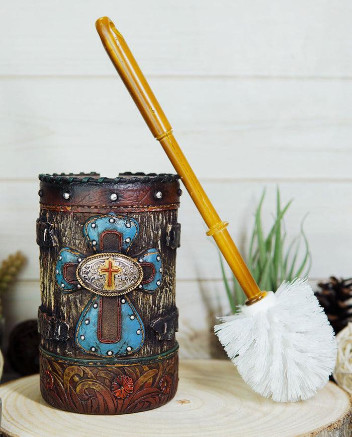 ebros gift Country Rustic Western Blue Cross W/ Concho Toilet Brush and Sanitary Holder Set