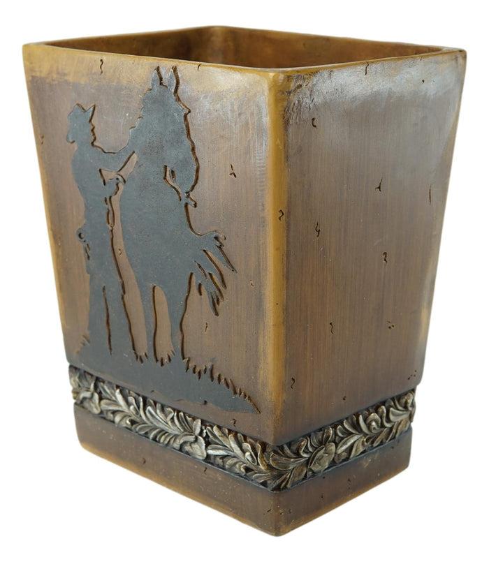 Ebros Gift Country Rustic Western Cowboy With Horse Faux Wood Waste Basket Trash Bin