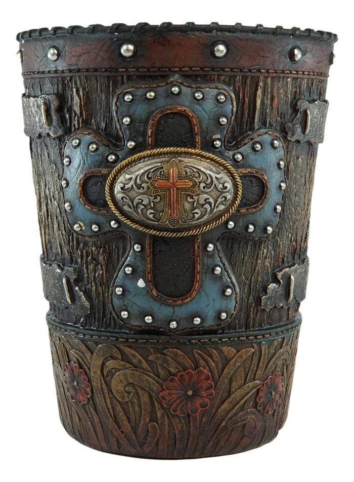 Ebros Gift Country Rustic Western Floral Blue Cross With Concho Dry Waste Basket Trash Bin