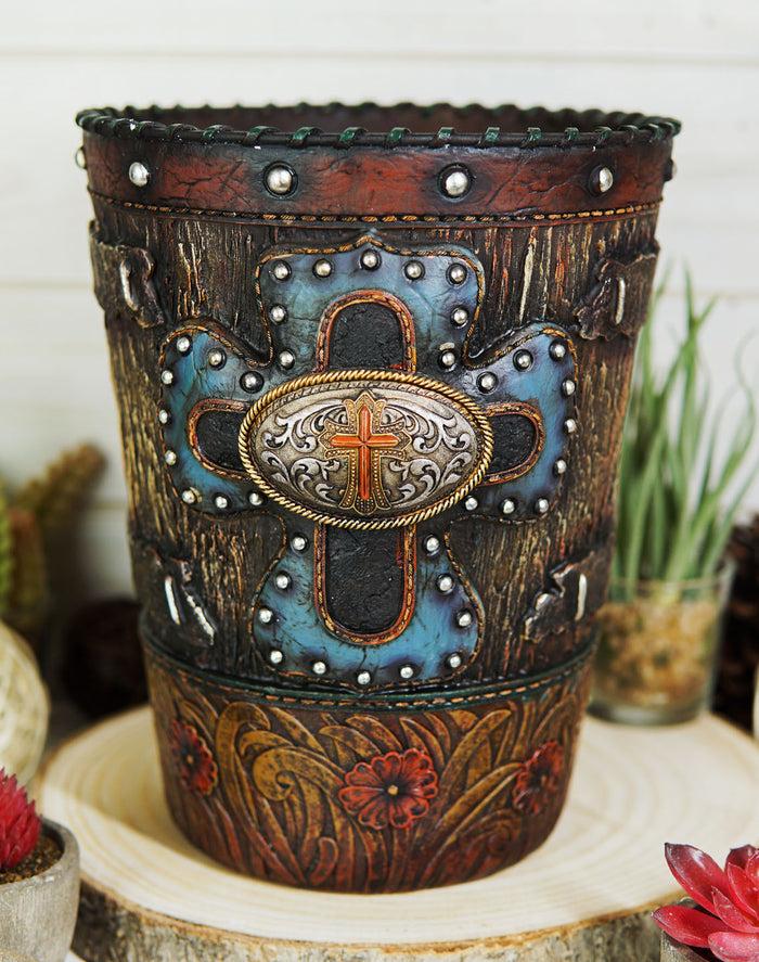 ebros gift Country Rustic Western Floral Blue Cross With Concho Dry Waste Basket Trash Bin