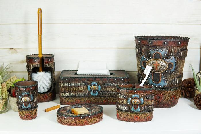 ebros gift Country Rustic Western Floral Blue Cross With Concho 6 Piece Bathroom Vanity Set