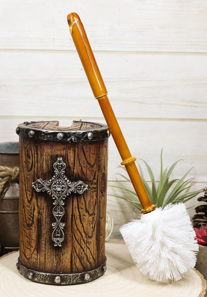 ebros gift Country Rustic Western Silver Scroll Cross Faux Wood Toilet Brush And Holder Set