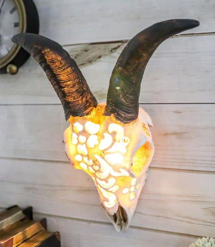 Ebros Gift Country Tooled Filigree Shetland Sheep Ram Aged Bone Skull LED Light Wall Decor
