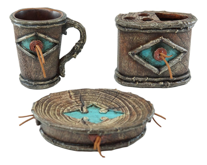 Ebros Gift Country Western Faux Branch Wood Tumbler Cup Soap Dish And Toothbrush Holder Set