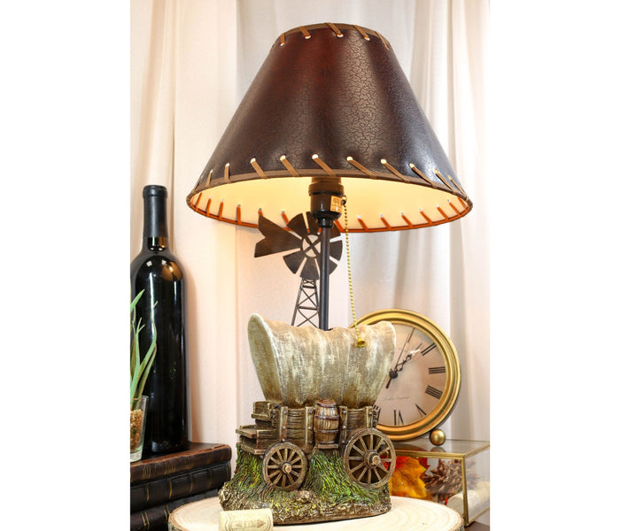 ebros gift Country Western Rustic Cargo Carriage Wagon Farm Windmill Table Lamp With Shade