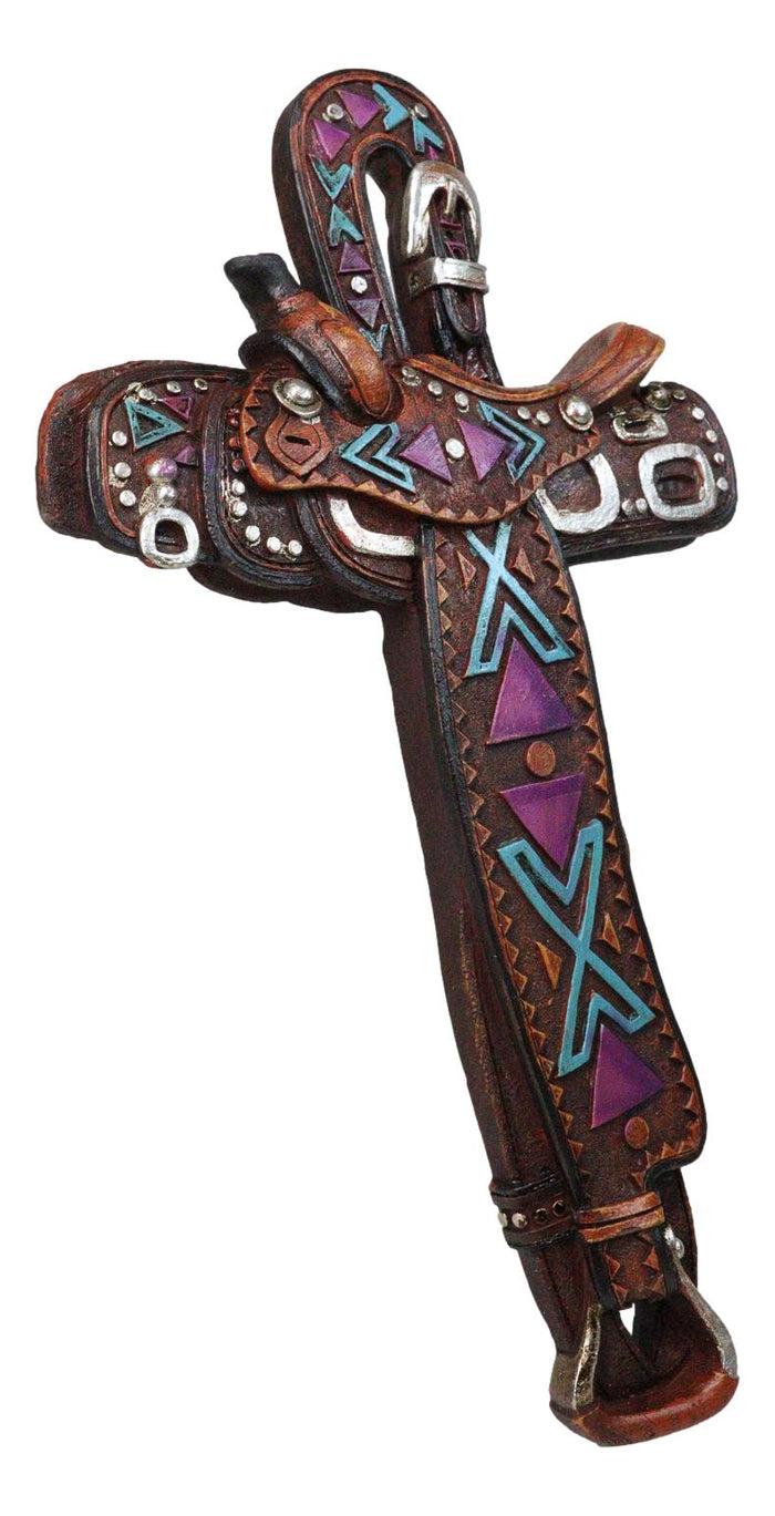Ebros Gift Country Western Rustic Horse Saddle Faux Tooled Leather Decorative Wall Cross