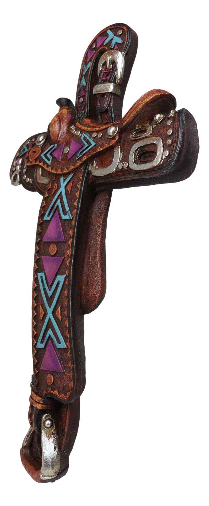 Ebros Gift Country Western Rustic Horse Saddle Faux Tooled Leather Decorative Wall Cross