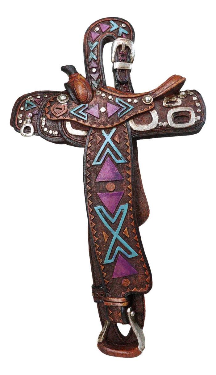 Ebros Gift Country Western Rustic Horse Saddle Faux Tooled Leather Decorative Wall Cross
