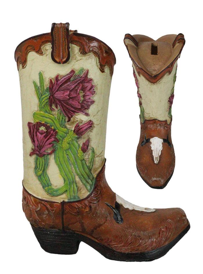 ebros gift Country Western Texas Longhorn Cow Skull With Rose Cactus Cowboy Boot Money Bank