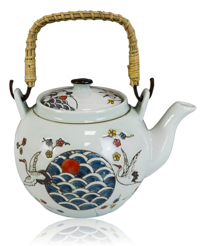 Ebros Gift Crane And Red Moon Cherry Blossoms Ceramic 38oz Large Tea Pot With Bamboo Handle