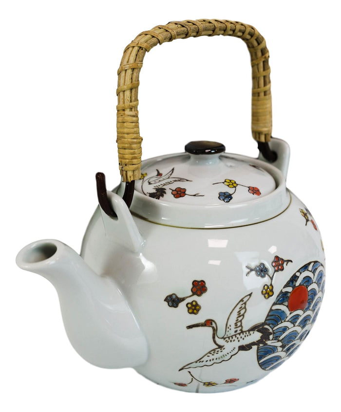 Ebros Gift Crane And Red Moon Cherry Blossoms Ceramic 38oz Large Tea Pot With Bamboo Handle