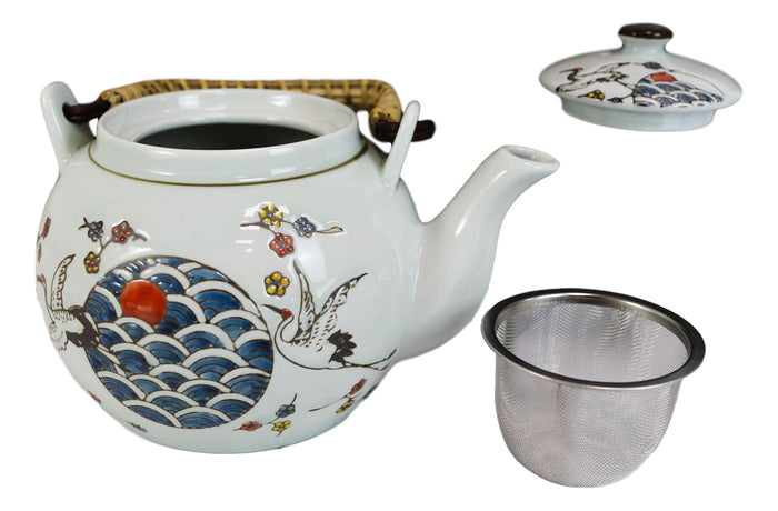 Ebros Gift Crane And Red Moon Cherry Blossoms Ceramic 38oz Large Tea Pot With Bamboo Handle