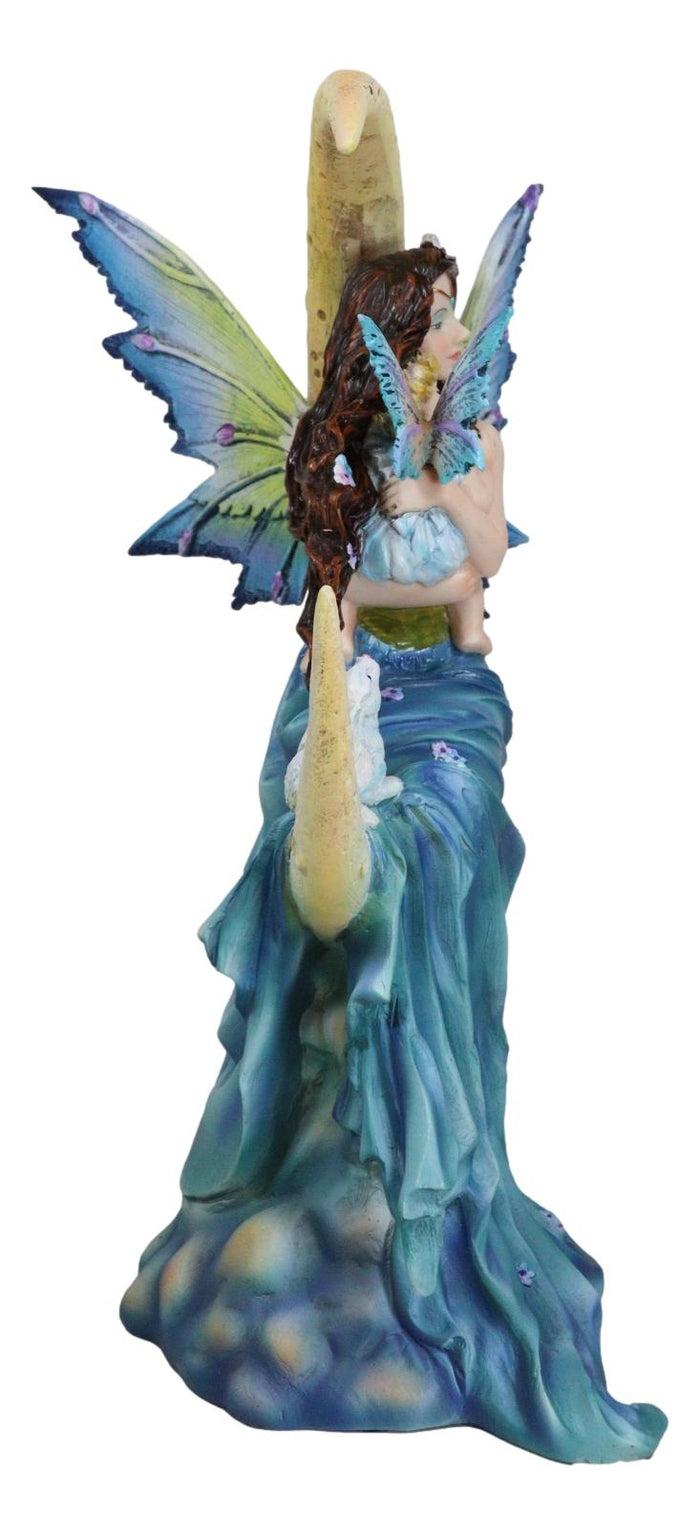 Ebros Gift Crescent Moon Lullaby Mother Fairy In Blue Gown Embracing Her Child Baby Statue