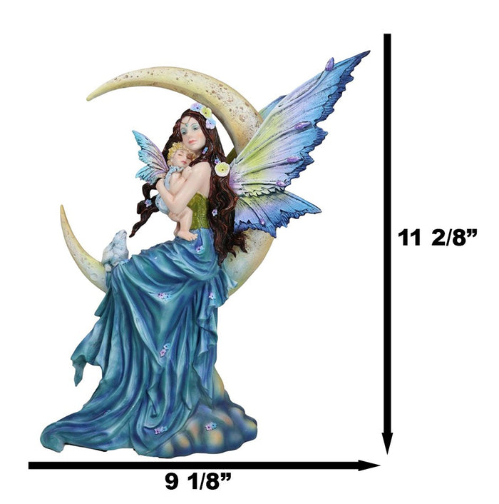 Ebros Gift Crescent Moon Lullaby Mother Fairy In Blue Gown Embracing Her Child Baby Statue