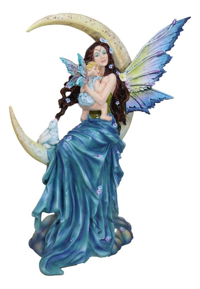 Ebros Gift Crescent Moon Lullaby Mother Fairy In Blue Gown Embracing Her Child Baby Statue