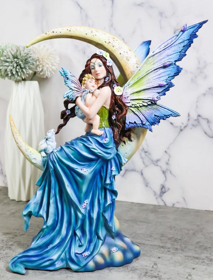 ebros gift Crescent Moon Lullaby Mother Fairy in Blue Gown Embracing Her Child Baby Statue