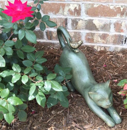 Ebros Gift Crouching Cat With Bird Aluminum Garden Statue Figurine Home Decor 14" Length