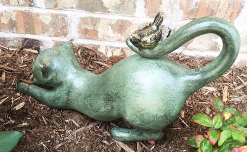 Ebros Gift Crouching Cat With Bird Aluminum Garden Statue Figurine Home Decor 14" Length
