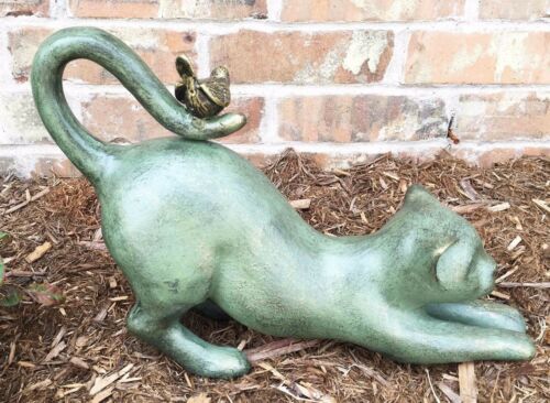 Ebros Gift Crouching Cat With Bird Aluminum Garden Statue Figurine Home Decor 14" Length