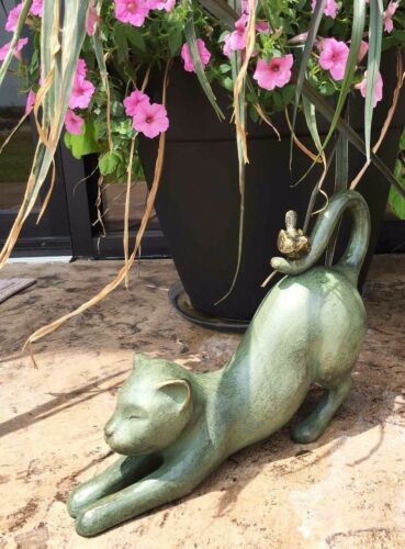 ebros gift Crouching Cat With Bird Aluminum Garden Statue Figurine Home Decor 14" Length