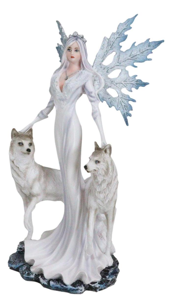 Ebros Gift Crowned Fairy Queen In Snow White Gown Accompanied By Arctic Wolves Figurine