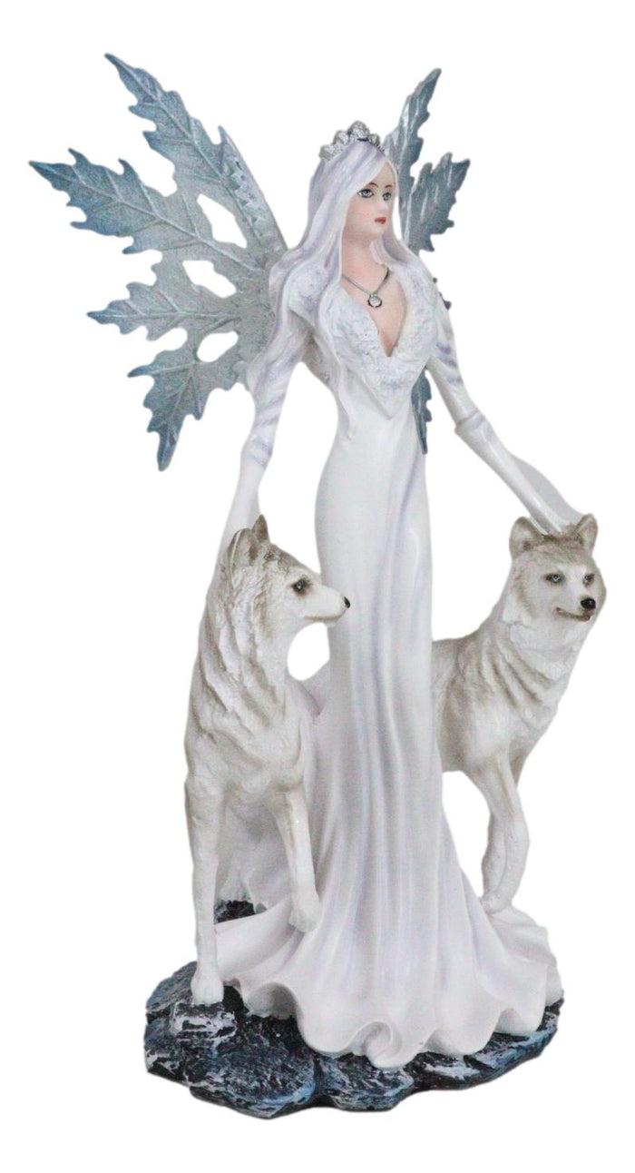 Ebros Gift Crowned Fairy Queen In Snow White Gown Accompanied By Arctic Wolves Figurine