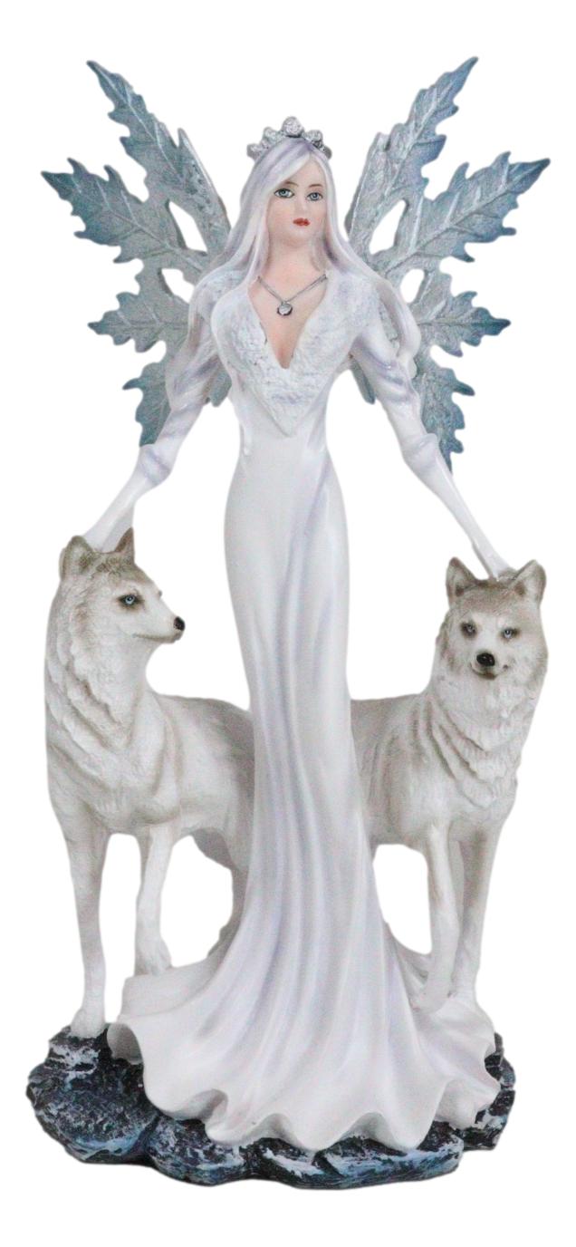ebros gift Crowned Fairy Queen in Snow White Gown Accompanied by Arctic Wolves Figurine