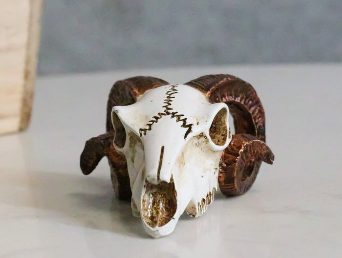 ebros gift Cultic Ammon Tribal Tooled Tattoo Scrimshaw Miniature Jointed Ram Skull Figurine
