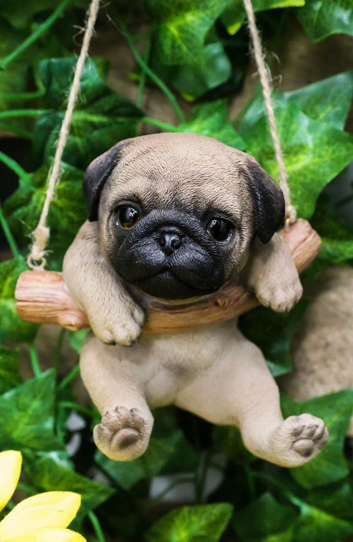 ebros gift Cute Lifelike Teacup Pug Puppy Macrame Branch Hanger 5.5"Tall With Jute Strings