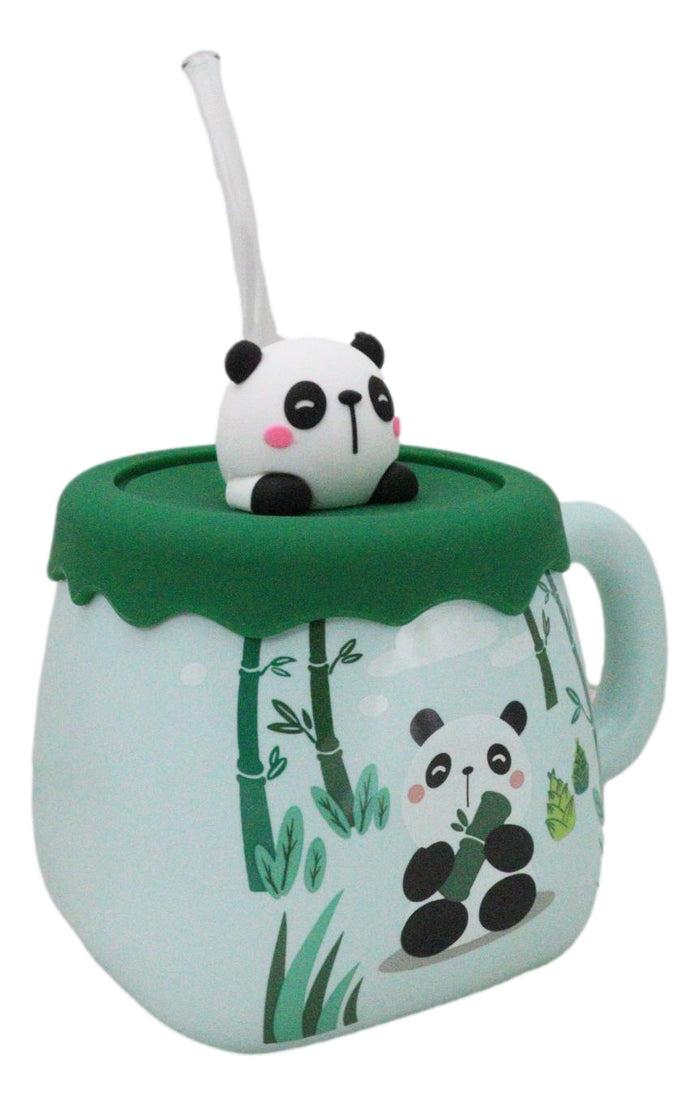 Ebros Gift Cute Panda Bear By Bamboo Forest Green Ceramic Mug With Silicone Lid And Straw